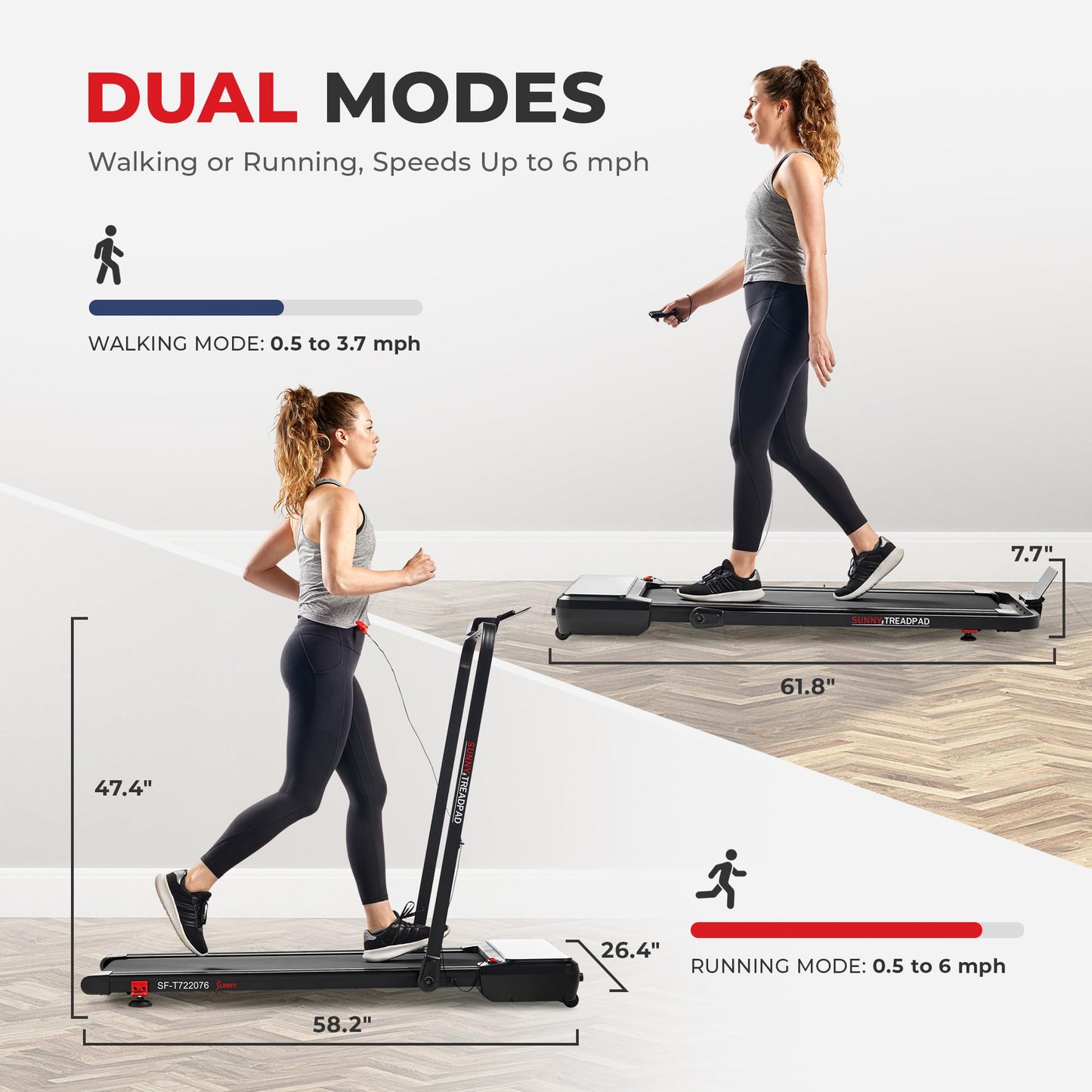 Sunny Health & Fitness Treadpad® Pacer Dual Mode Walking/Running Treadmill with 6-Level Auto Incline & Exclusive SunnyFit® App Enhanced Bluetooth Connectivity - SF-T722076