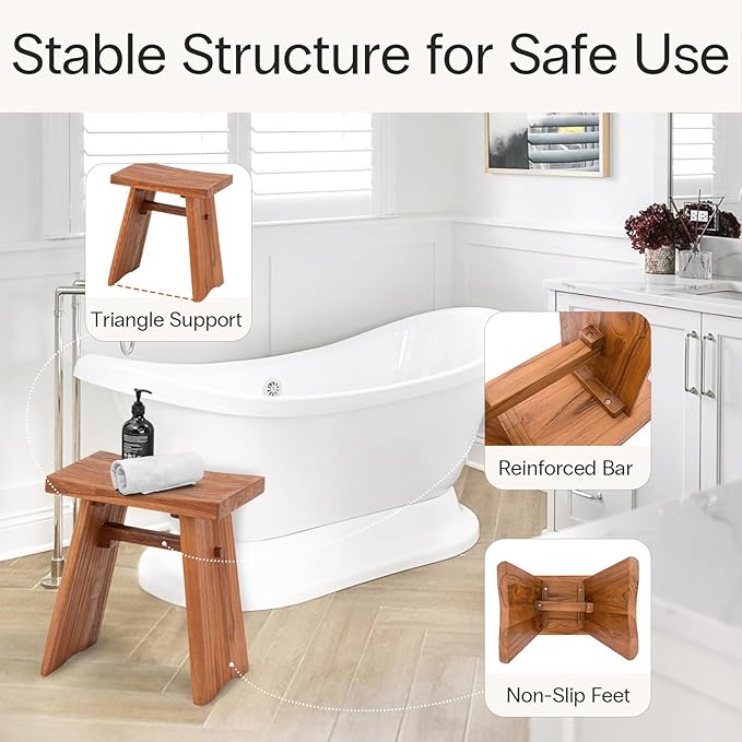 StrongTek Teak Shower Stool, 18-Inch Pre-Oiled Solid Teak Wood Bath Seat Bench for Bathroom, Spa & Home, Ergonomic Curved Seat, Water-Resistant, 350 lbs Capacity, Stable and Durable Design (Natural)