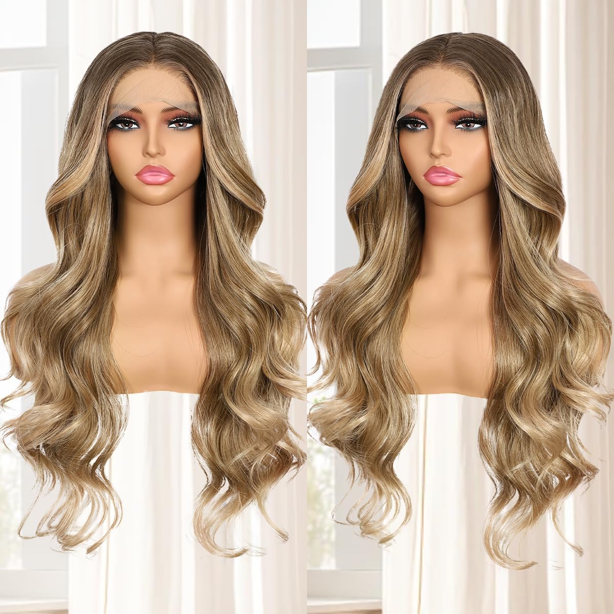 BABEHERS Blonde Lace Front Wig for Women 13x4 Body Wave Synthetic Wigs with Ombre Blonde Tips Pre-plucked Long Wavy 150% Density