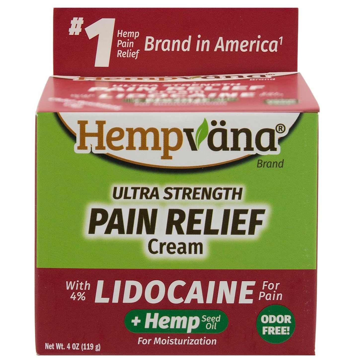 Hempvana Cream, Ultra Strength Lidocaine Relief of Sore Muscles, AS SEEN ON TV, Achy Knees, and More. Odor-Free & Enriched with Hemp Seed Oil, 4-oz jar