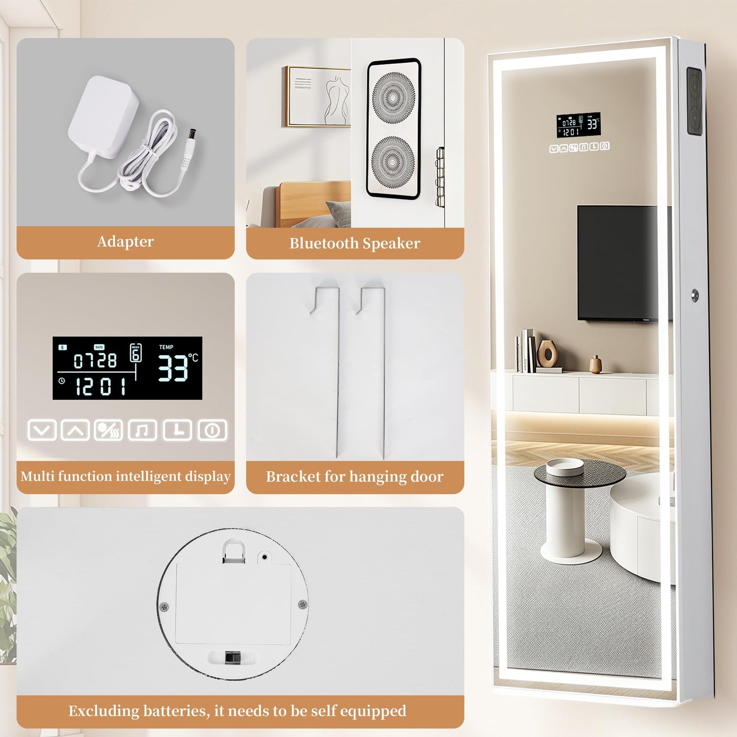 chaoguan LED Mirror Jewelry Cabinet with Bluetooth Speaker, Wall/Door Mounted Jewelry Organizer Armoire, Full Length Lighted Mirror with Jewelry Storage,Jewelry Box Standing for Women