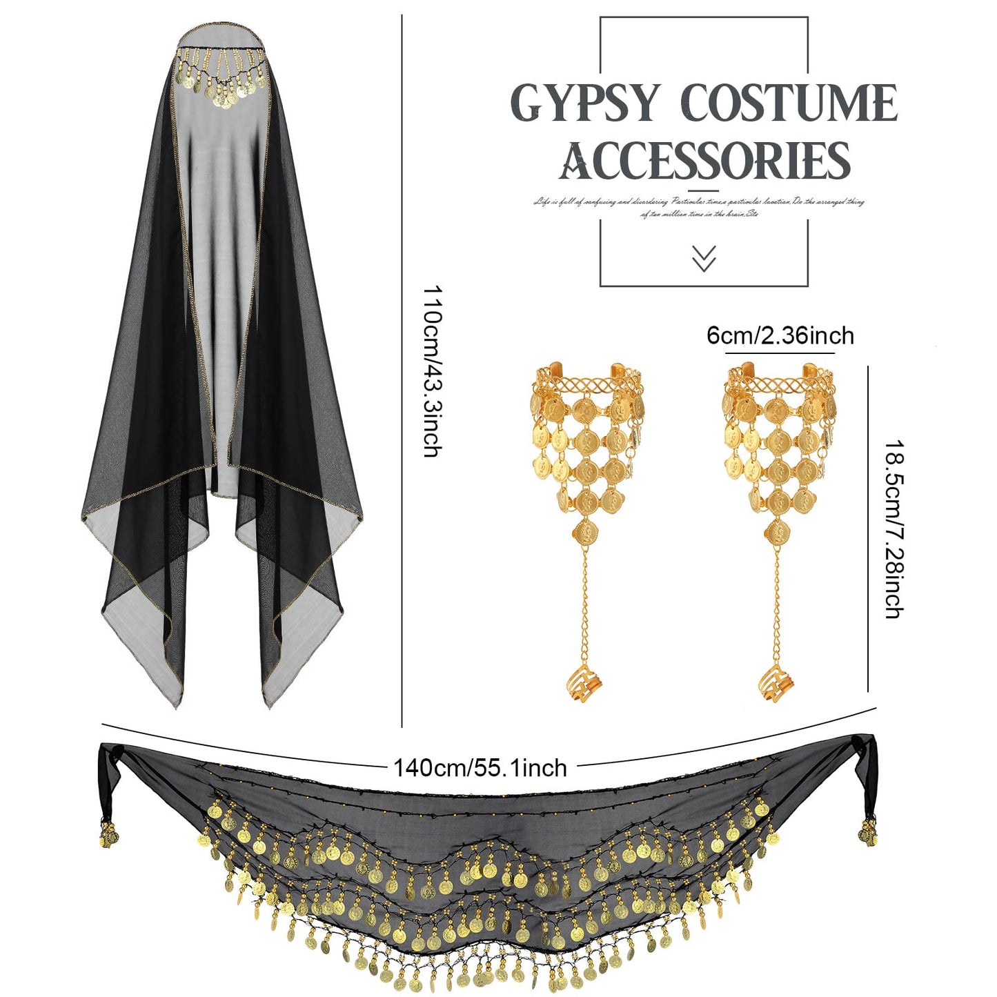 Eurzom 4 Pcs Gypsy Costume Women Belly Dance Outfit Gypsy Accessories Head Scarf with Coins Hip Scarf Bracelet(Black)