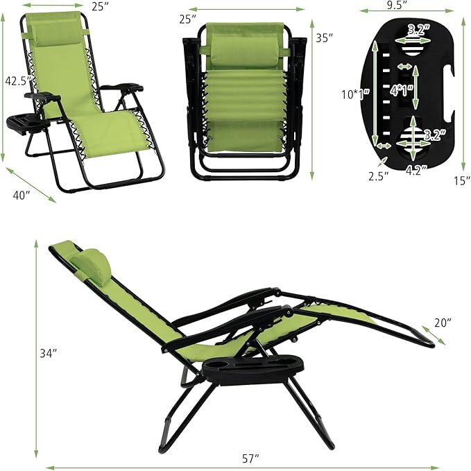 Tangkula Set of 2 Zero Gravity Chair, Folding Patio Lounge Chair Adjustable Outdoor Recliner with Cup Holder, Wide Armrest for Patio Garden Poolside Outdoor Yard Beach, Support 350 lbs (2, Green)