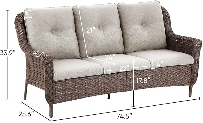 ACTREST Patio Couch Outdoor Wicker Sofa - Heavy Duty All-Weather Brown Rattan 3-Seater with High Back and Comfortable Thick Cushions for Garden Back Porch Poolside Apartment - Beige