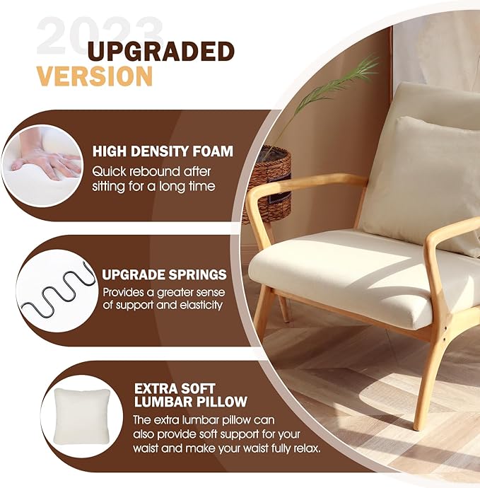 ELUCHANG Accent Chair with Lumbar Pillow,Mid-Century Modern Accent Chair Armchair, Linen Fabric Comfy Reading Chair Lounge Side Chair for Living Room Bedroom Apartment,Easy Assembly(Beige,2PCS)