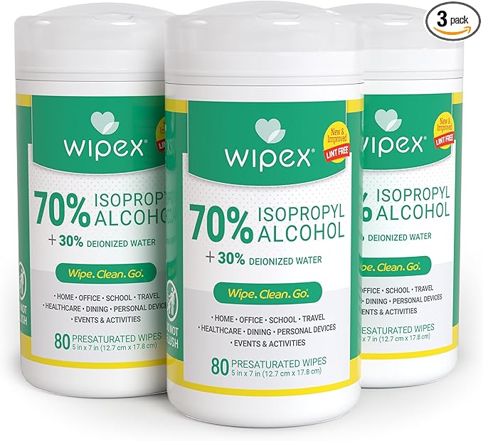 Wipex 70% Isopropyl Alcohol Wipes for Electronics - 80ct Large Lint Free IPA Wipes in Sealed Canister to clean Surfaces, Electronics, Computer Screens, Glasses, 80 Count (Pack of 3)