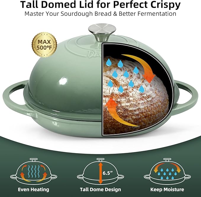 Davivy 6QT Cast Iron Oval Dutch Oven with Silicone Baking Mat, Bread Dutch Oven for Sourdough Bread Baking 6QT, Cast Iron Loaf Pan with Domed Lid - Sea Salt Green