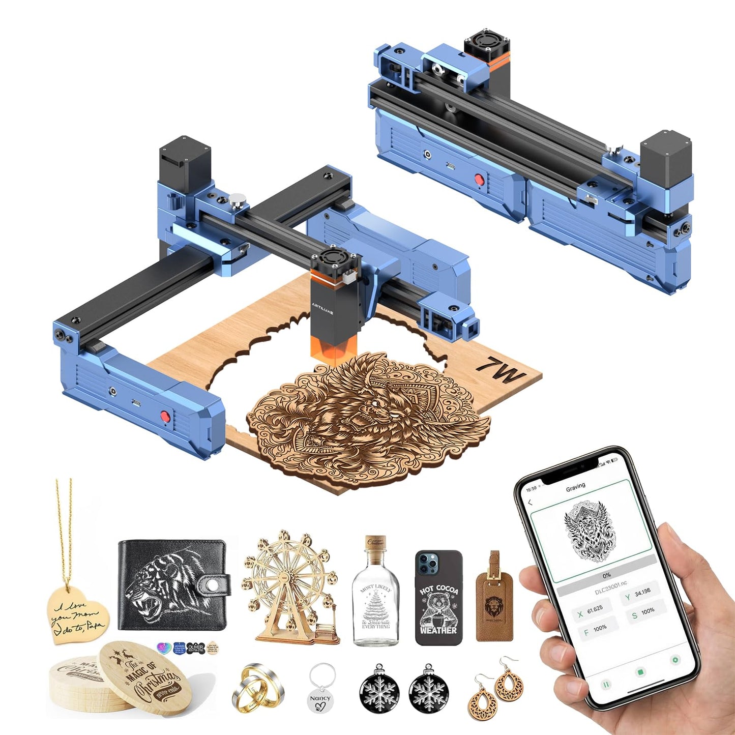 Artilume T1 Laser Engraver 7000mW, APP Control, Foldable Design Laser Engraver and Cutter Machine, 200*150mm Working Area Portable Engraver for Wood Leather Acrylic, Best for Beginners Small Business