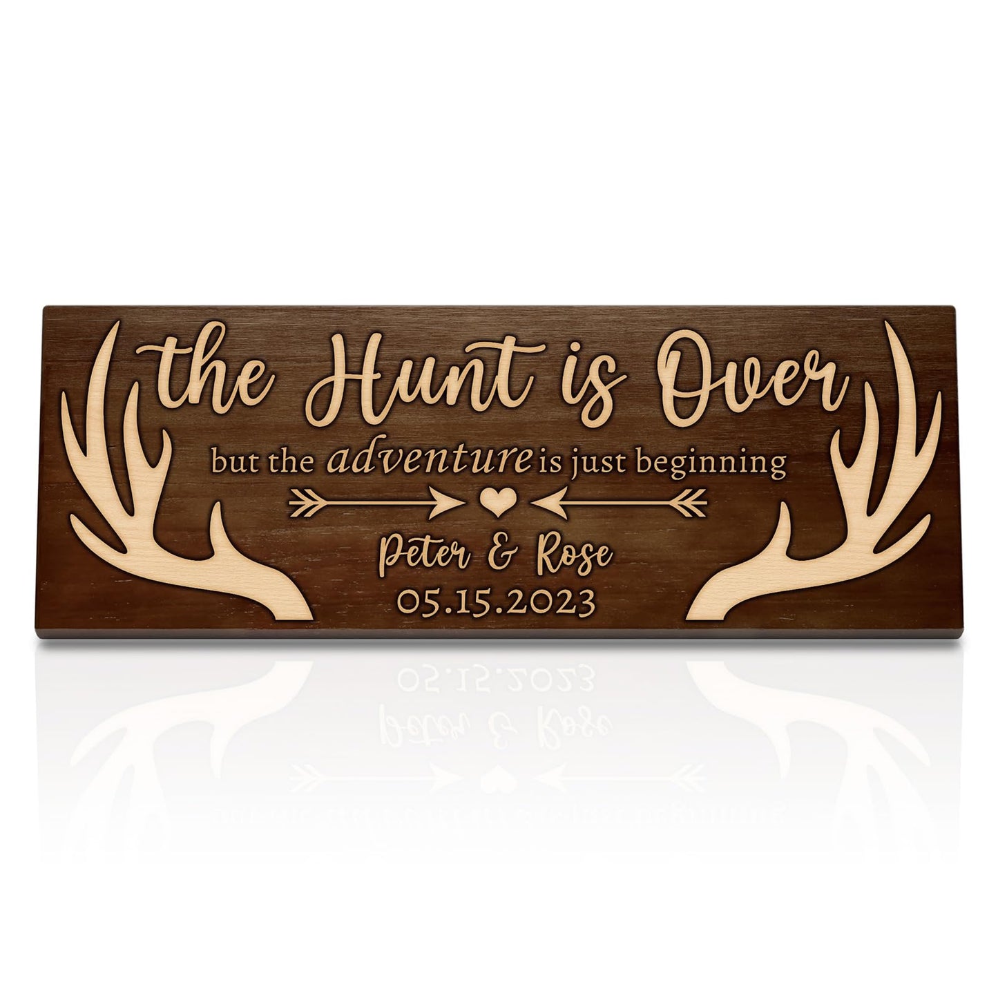 Bemaystar Personalized Name Deer Antlers Wedding Gift-Custom Date/Name Wooden Signs, The Hunt is Over,For Unique Anniversary Keepsakes, Wedding Gifts For Couple, Bridal Shower Gifts,15" x 6"