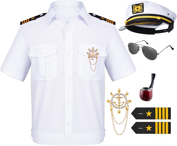 6PCS Men's Yacht Captain Sailor Costume Adult Shirt Hat Accessories Set Party Cosplay