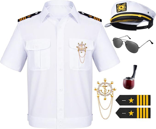6PCS Men's Yacht Captain Sailor Costume Adult Shirt Hat Accessories Set Party Cosplay