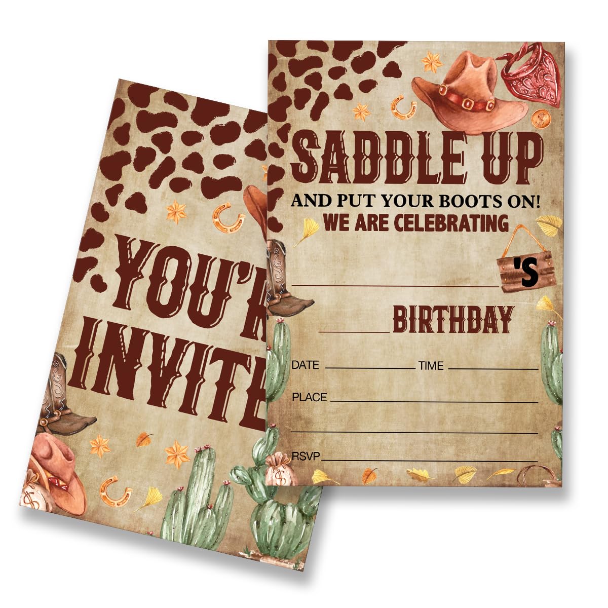 EUDOSI Wild West Cowboy Birthday Party Invitations Supplies Fill-In Set of 20 with Envelopes Retro Counrty Western Birthday Bash Invites Cards, Double Sided