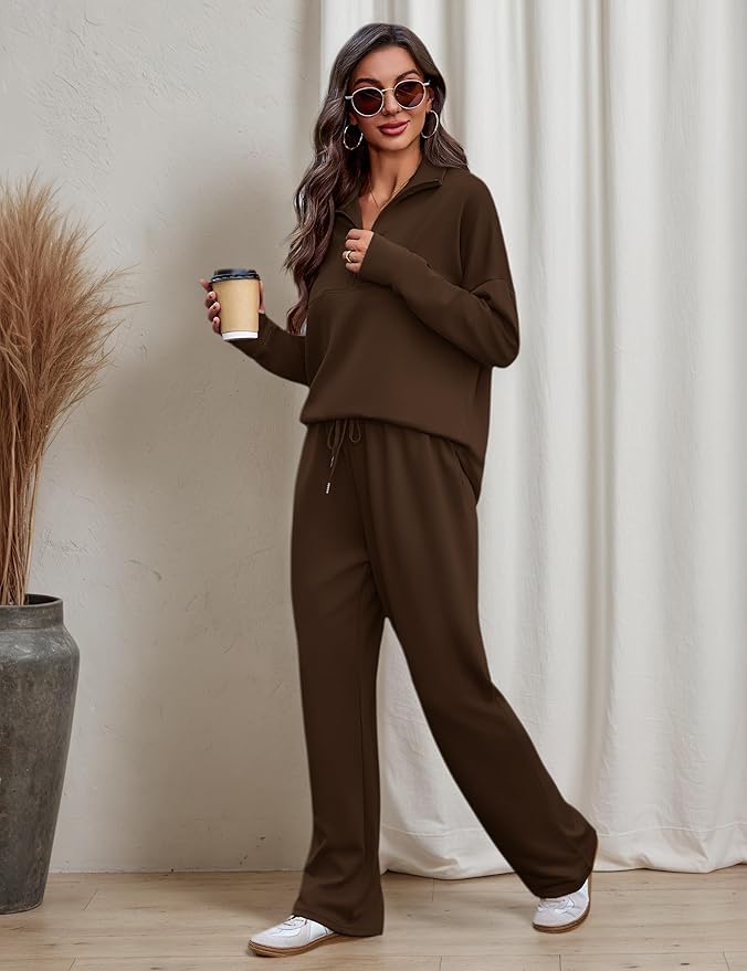 Totatuit Womens Sweatsuits 2 piece Set Lapel Half Zip Lightweight Sweatshirts and Wide Leg Pants Tracksuit Lounge Sets
