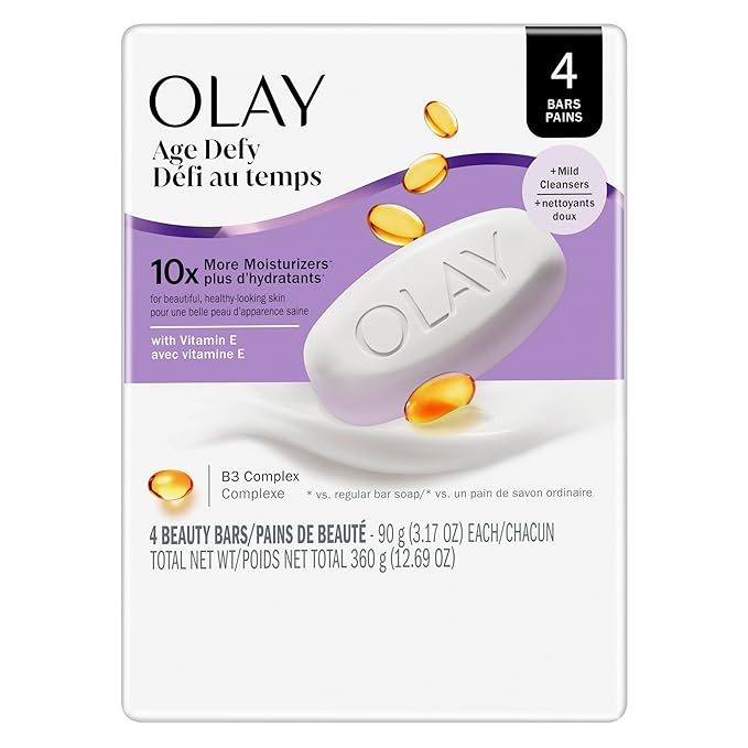 Olay Beauty Bar, Age Defying, 10x More Moisturizers, Smooth & Gentle on Skin, Vitamin E & Vitamin B3 Complex, For All Skin Types, Shea Butter Scent, 3.17 oz, (Pack of 4)