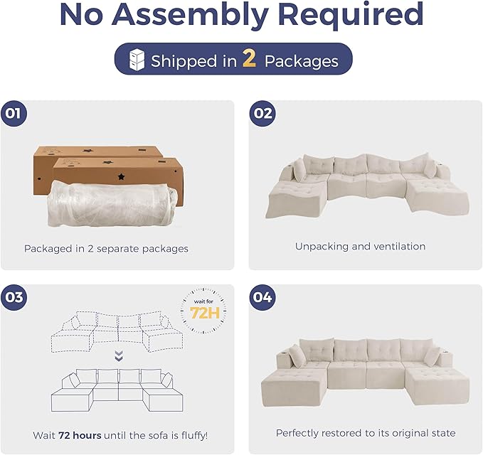 MAXYOYO 129.5" Modular Sectional Sofa Couch, U Shaped Modern Cloud Couch with 2 Ottomans, Sofa in A Box, Tufted 6-Seat Boneless Sleeper Chair for Living Room, No Assembly Required, Beige