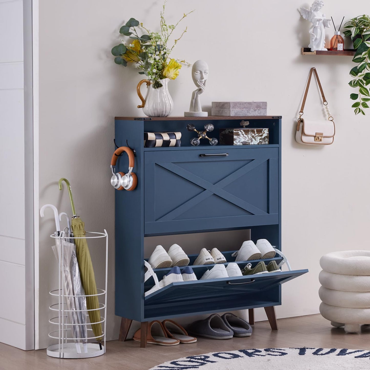 Joaxswe Shoe Storage Cabinet with 2 Flip Drawers, Farmhouse Shoe Organizer for Entryways, Narrow Hidden Rack & Open Storage, Free Standing Closet for Foyers, Hallways, Navy Blue