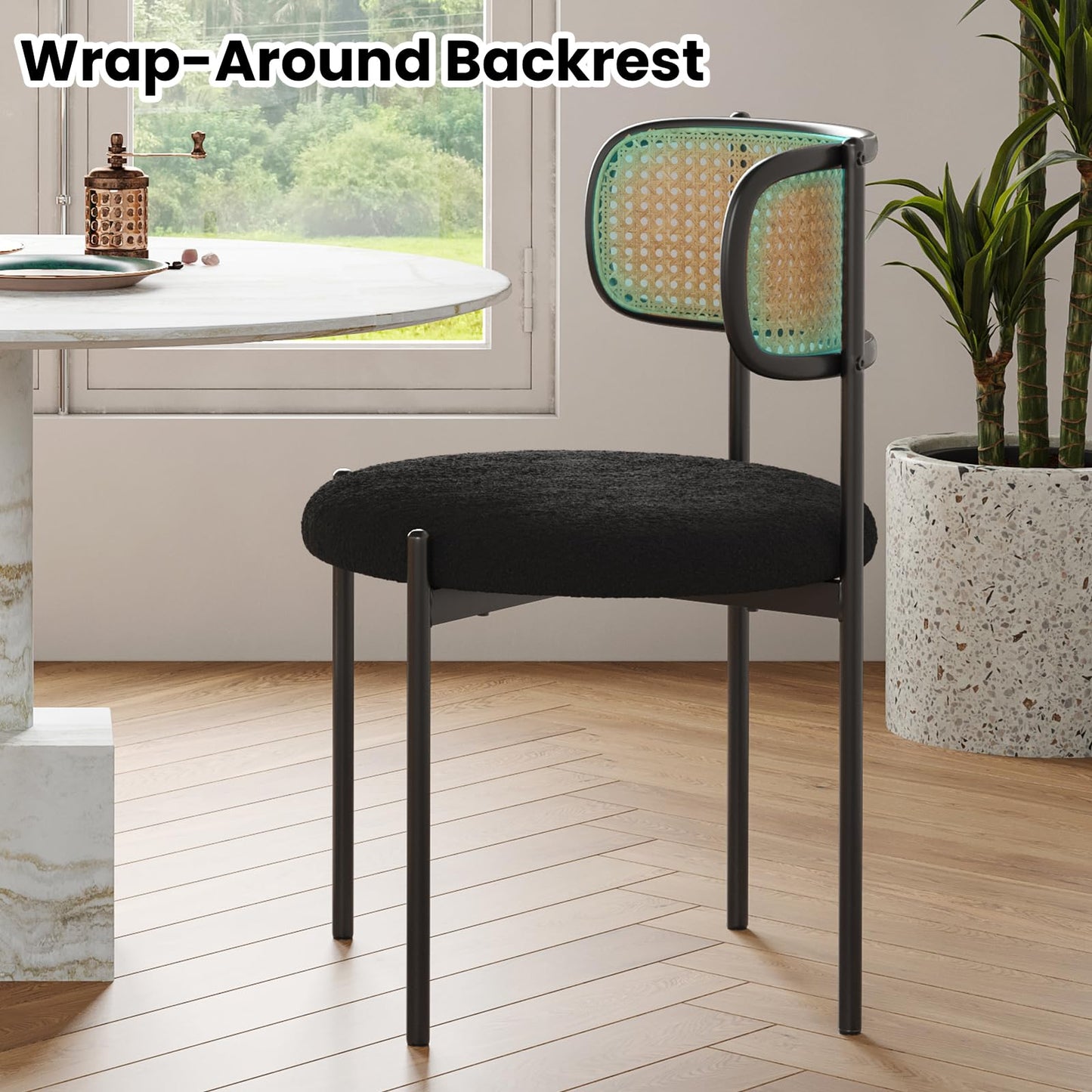 Farini Modern Upholstered Dining Chairs Set of 4,Rattan Back Dining Room Chairs,Accent Kitchen Chairs with Metal Legs,Black