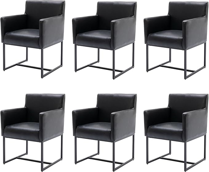 BESTANO Set of 6 Upholstered Dining Chairs with Armrest, PU Leather Modern Accent Armchairs, Kitchen & Dining Room Chairs Side Chairs, Black