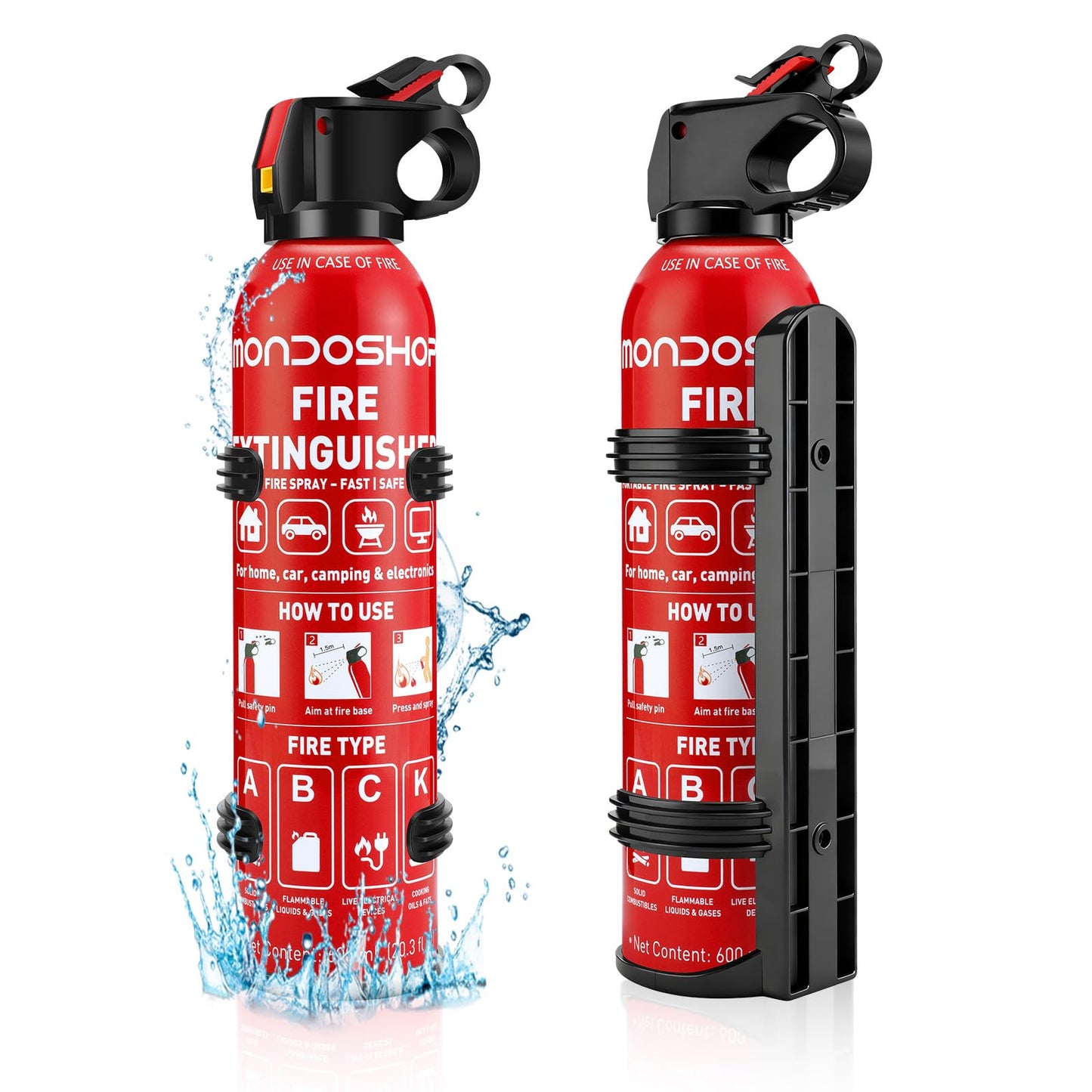Portable Fire Extinguisher for Home and Vehicle - Mondoshop 2-Pack Water-Based Small Fire Extinguisher with Mount for A, B, C, K Fire, Suitable for Vehicle, Home, Kitchen, Car, Boat, Camping, Business