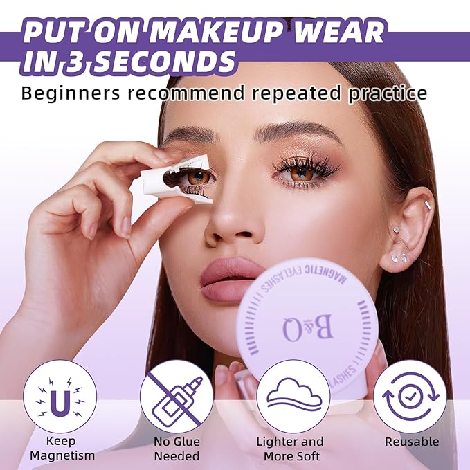 B&Qaugen Reusable Magnetic Eyelashes Natural Look False Eyelashes with Applicator Easy to Wear and Remove Glue-Free Pestañas Magnéticas(CX01)