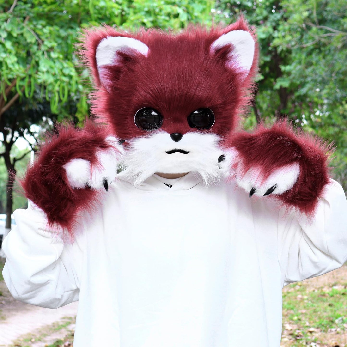 SMILETERNITY Faux Fur Furry Plush Cat Mask Paw Gloves Fox tail Set Costume Cosplay New Year Halloween