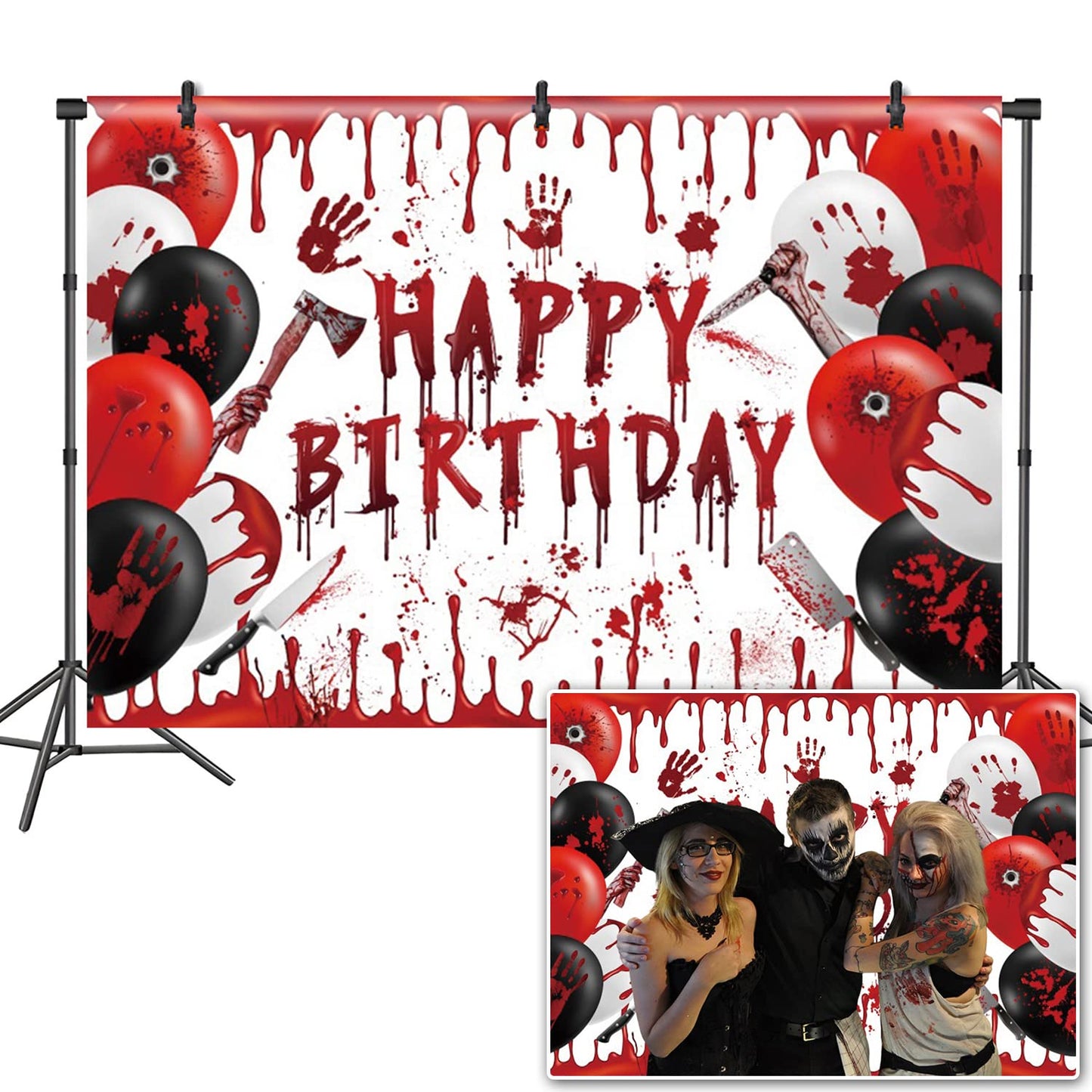 DASHAN Vinyl 7x5ft Halloween Horror Birthday Backdrop Vampire Zombie Killer Birthday Party Decorations Horror Handprint Blood Splatter Photography Background Vampire Evil Scary Party Photo Studio