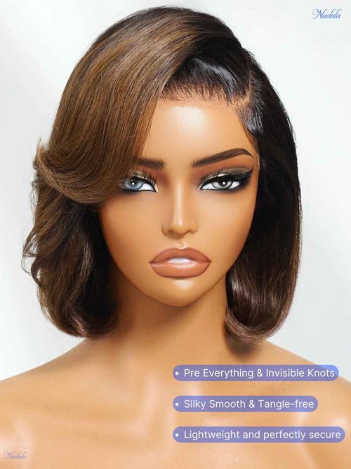 Nadula Glueless Bye Bye Knots Short Bob Drawstring Wig human Hair with Blow Out Bangs, Black to Chestnut Brown Ombre Pre Cut 7X5 HD Lace Front Wigs Pre Plucked Bleached Knots Ready to Wear 10inch