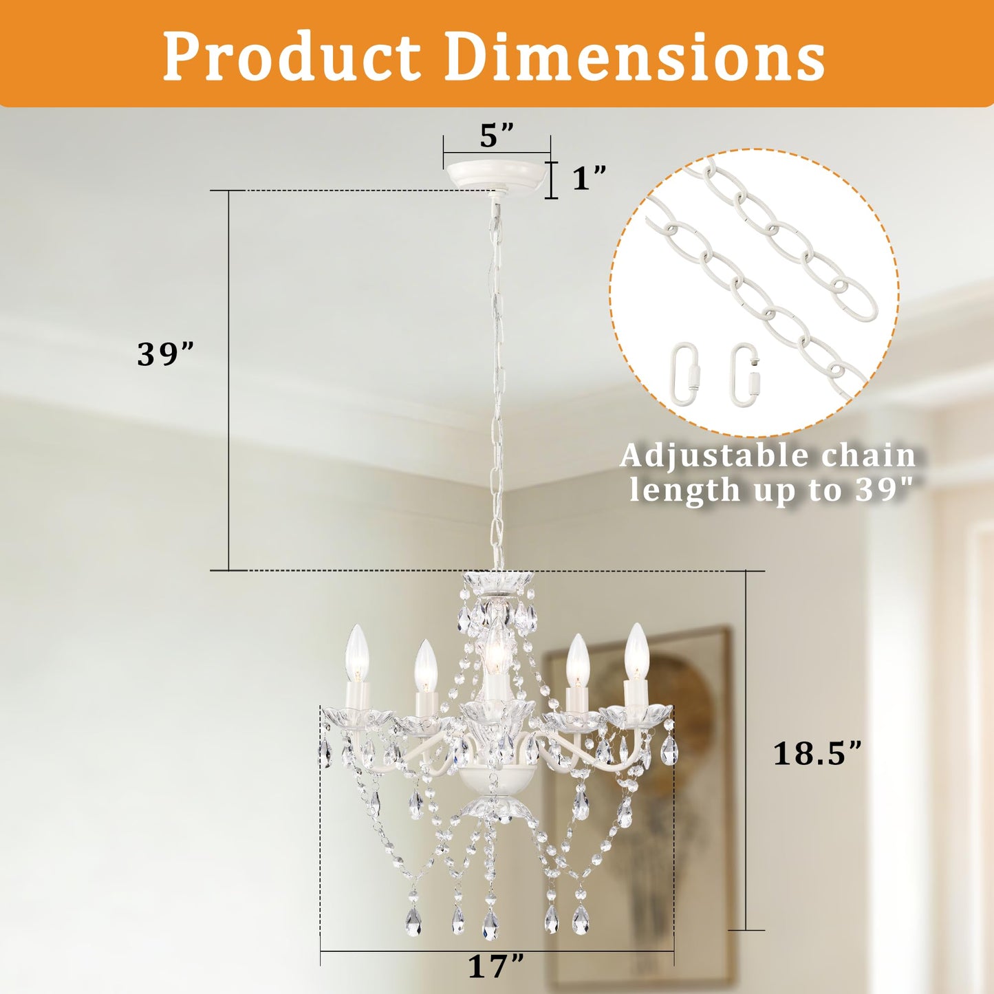 Antique House Small White 5-Light Crystal Chandelier, Modern Glass Chandelier Lighting Fixture, Small Chandelier for Bedroom, Dining Room, Living Room, Kitchen, Foyer, Girls Room Ceiling Light