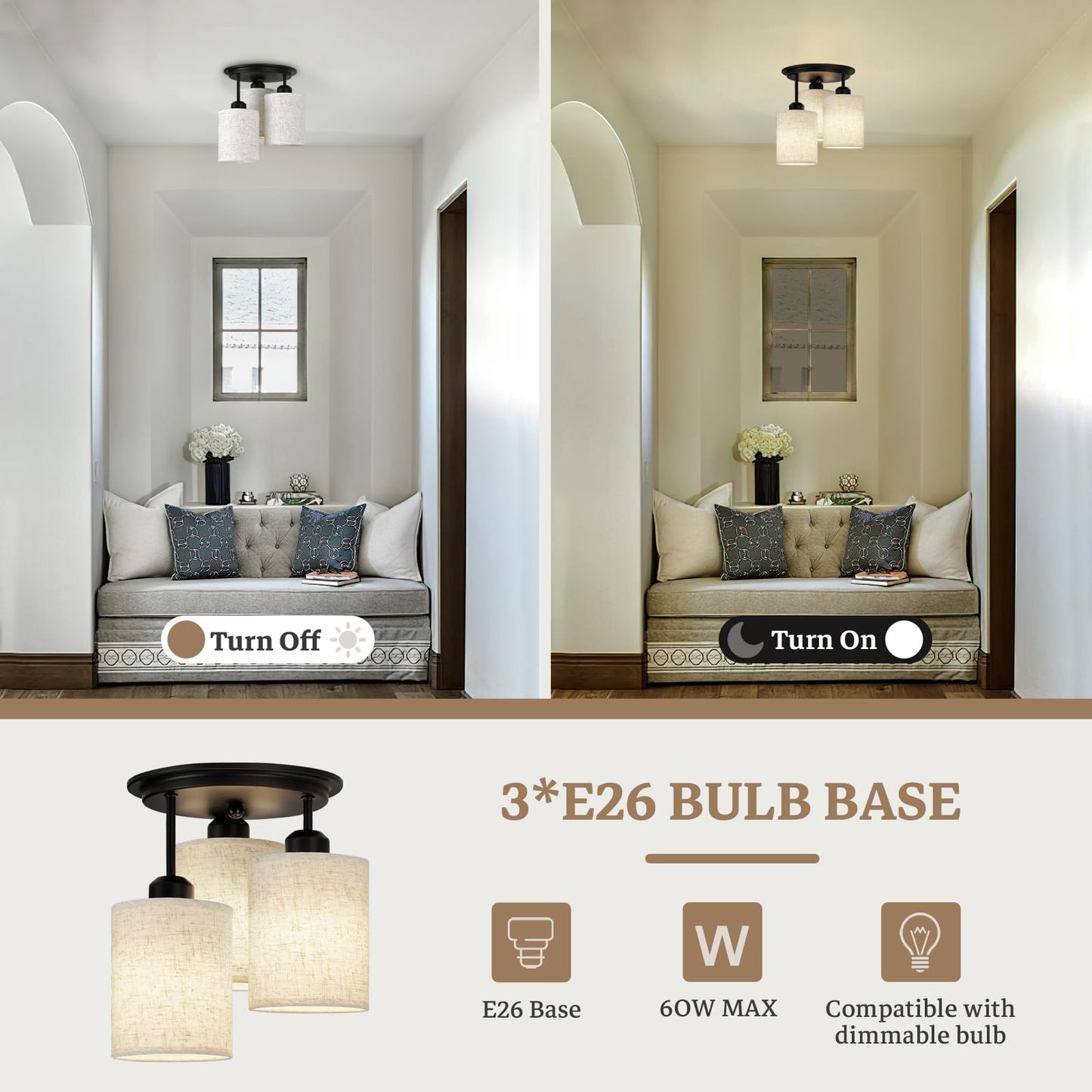 Scyvenra Semi Flush Mount Ceiling Light, 3-Light Close to Ceiling Light Fixtures, Matte Black Kitchen Light Fixtures with Linen Fabric Shade, Hallway Light Fixtures Ceiling Mount for Foyer Entryway