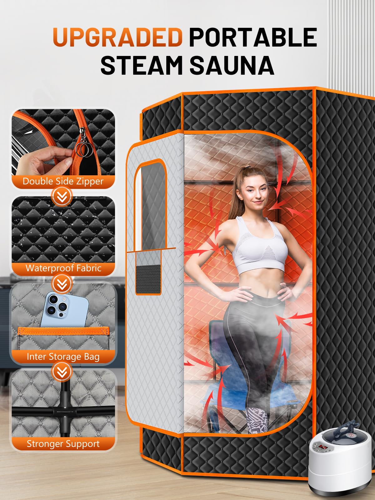 RELEXNOW Portable Sauna Box for Home, Personal SPA Steam Sauna with 10 Min Fast Heating & 9 Levels Heat, Warm Sauna Tent with 3L/1200W Steamer, Folding Chair, Remote Control for Body Relaxation
