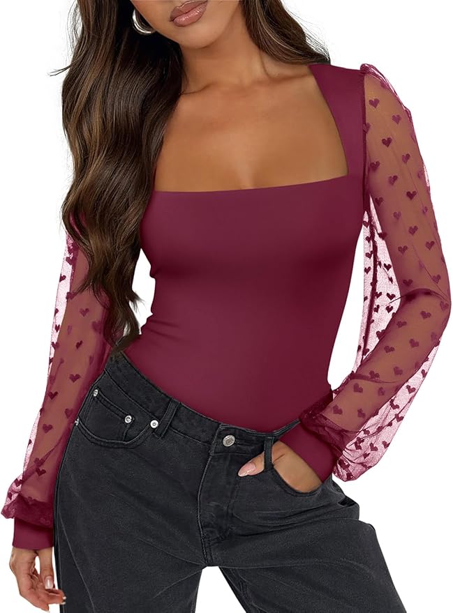 PINKMSTYLE Women's Square Neck Double Lined Mesh Long Sleeve Bodysuits Slim fit Trendy Going Out Tops Shirts