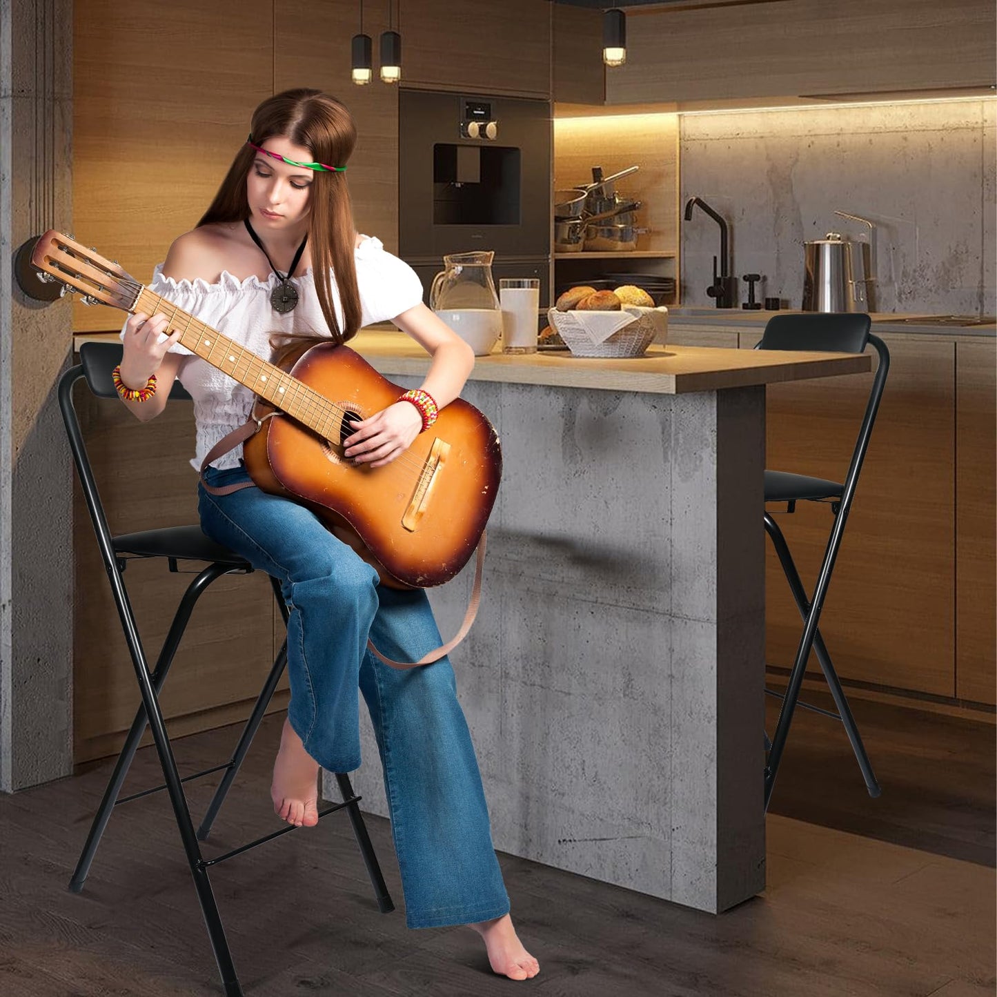 FATOLRD Folding Bar Stool with Back, 1 pcs Tall Foldable Stool Chair Portable Adult Collapsible Stools Counter Height Seat Leather Padded Kitchen Shop Comfortable Sturdy