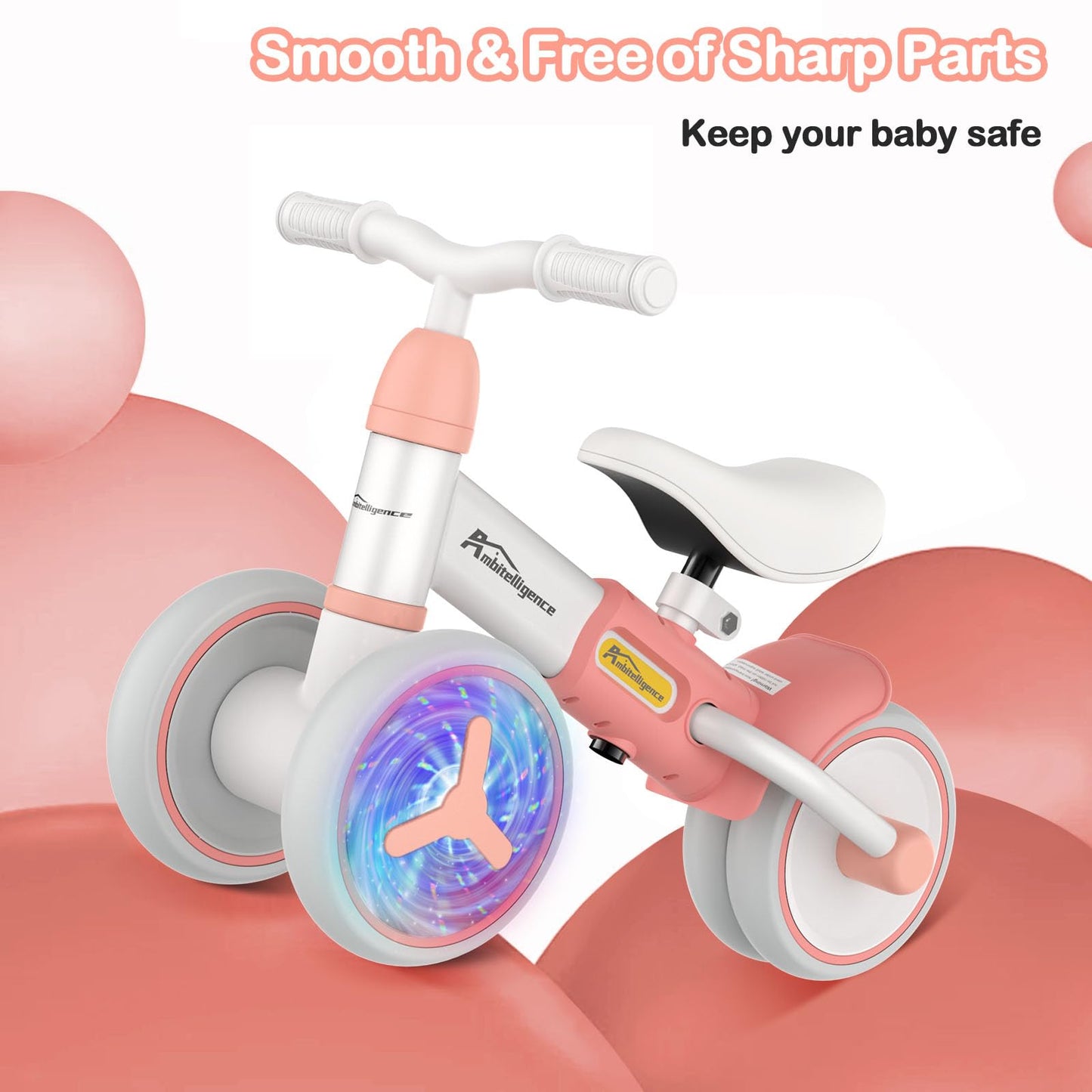 Ambitelligence Colorful Lighting Baby Balance Bike for 1 Year Old Girl Boy Gifts 12-36 Months Toddler Balance Bike with Adjustable Soft Seat and 4 Wheels First Birthday Gifts for Baby Scooter (Pink)