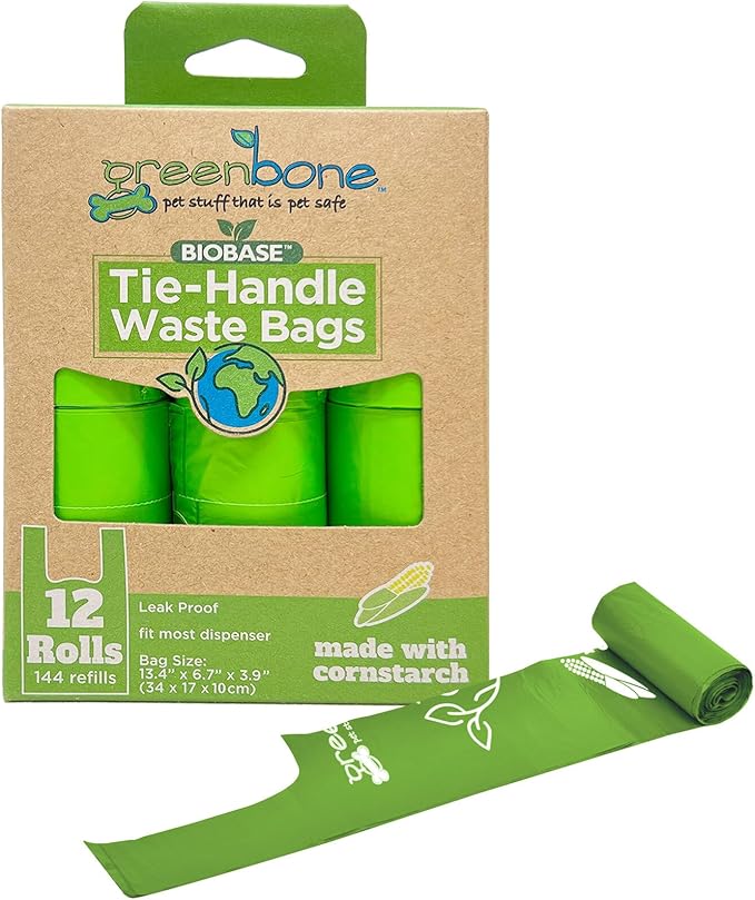 Greenbone BioBase Cat or Dog Poop Bags Rolls with Handle Tie, Large Leak Proof- 12 Rolls -144 refills