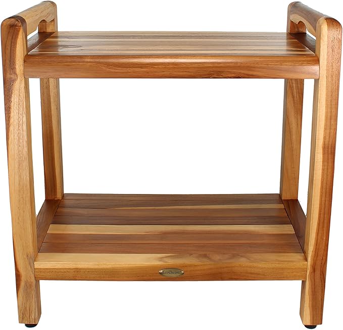 EcoDecors Eleganto 22" H Seat / 24" H Total Extended Height Teak Shower Bench | Supports up to 250 lbs, Safe and Stable Seating | Waterproof Wood Stool for Bathroom | Built-in Shelf