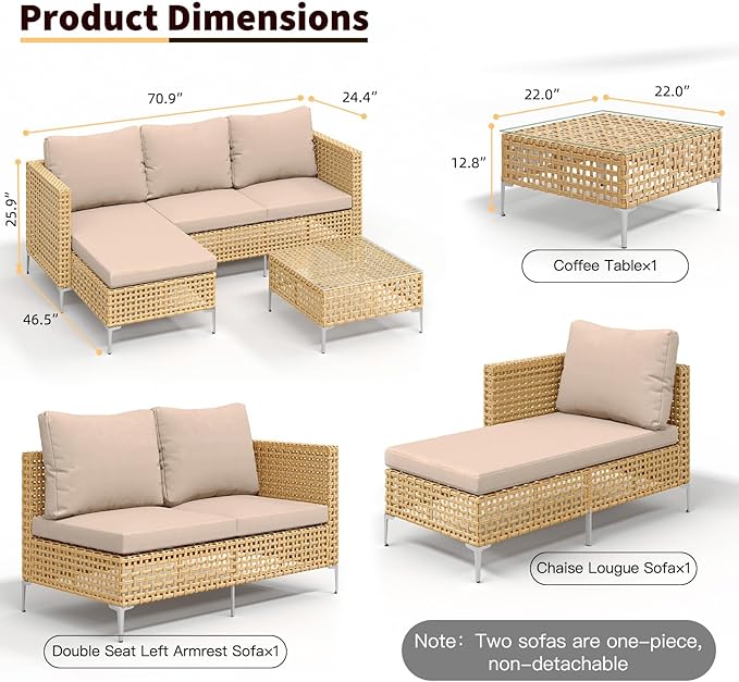 Ophelian 3 Piece Outdoor Furniture Set, Apartment Patio Sectional Furniture, Patio Chaise Sofa Sets with All Weather Manual Rattan, Perfect for Balcony, Porch, Lawn, Backyard (Yellow/Beige)