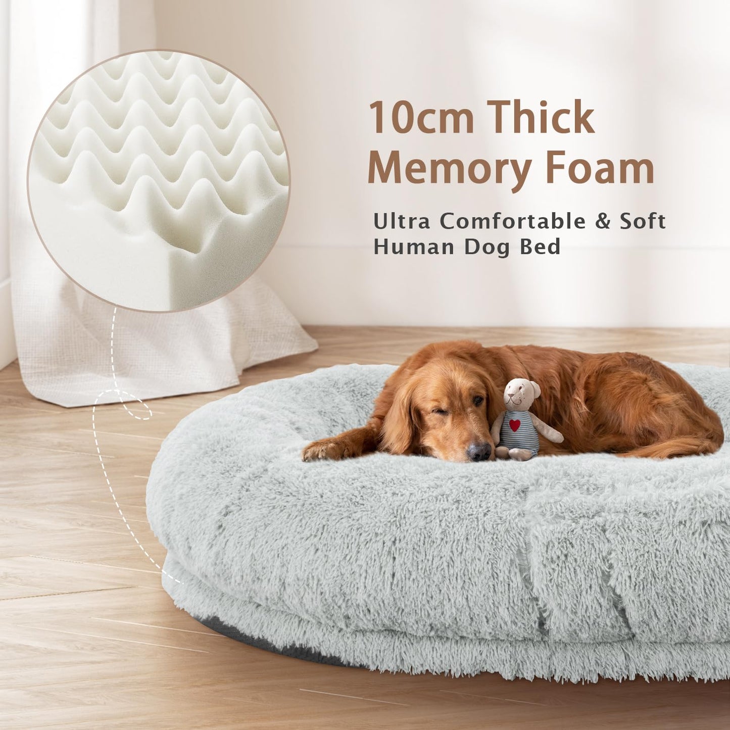 ROOMTEC Human Dog Bed, 71''x45''x12'' Size Fits Adult and Pet Washable Giant People Dog Bed 10 CM Thick Memory Foam Large Oversize Pet Bed with Plump Pillow, Blanket, Strap - Grey