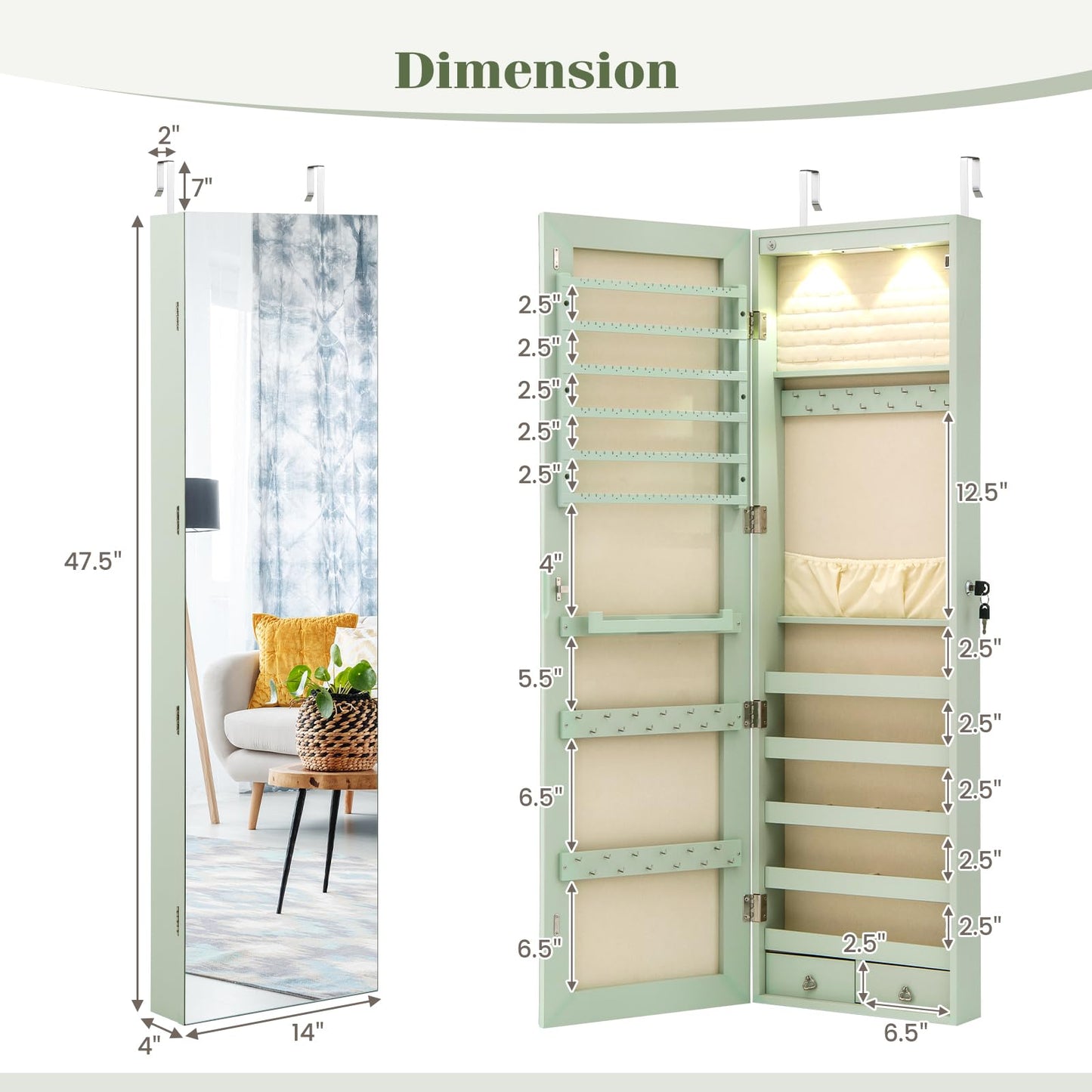 Giantex Wall Door Mounted Jewelry Armoire Cabinet with 47.5" Full Length Mirror, 2 LEDs Lockable Jewelry Organizers and Storage with 2 Drawers, Over the Door Jewelry Organizer Cabinet (Sage)