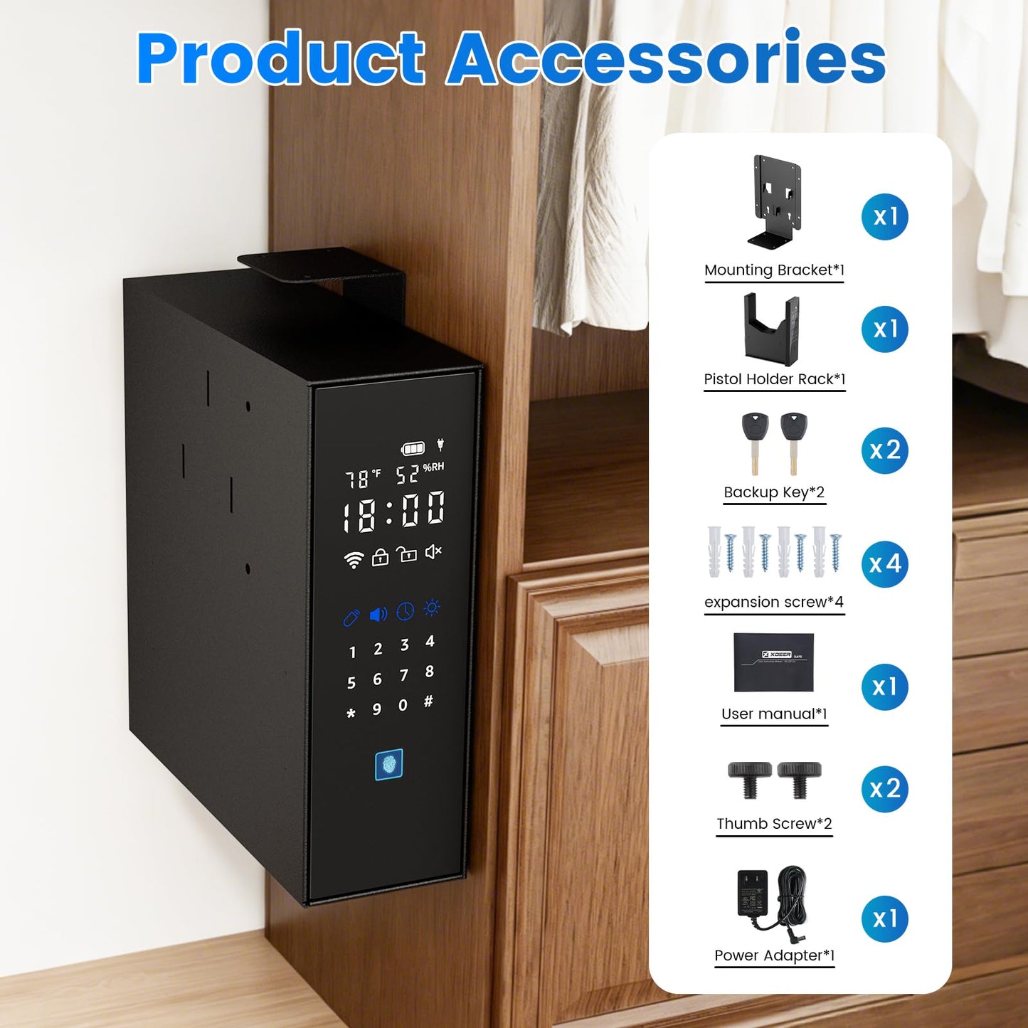 XDeer Biometric Gun Safe for Handgun, Slider Full Touchscreen Bedside Gun Safe, 0.01s Quick Access Pistol Safe for Nightstand,Desk,with APP Remote Control, Fingerprint, PIN Code, KEY Access-1PCS