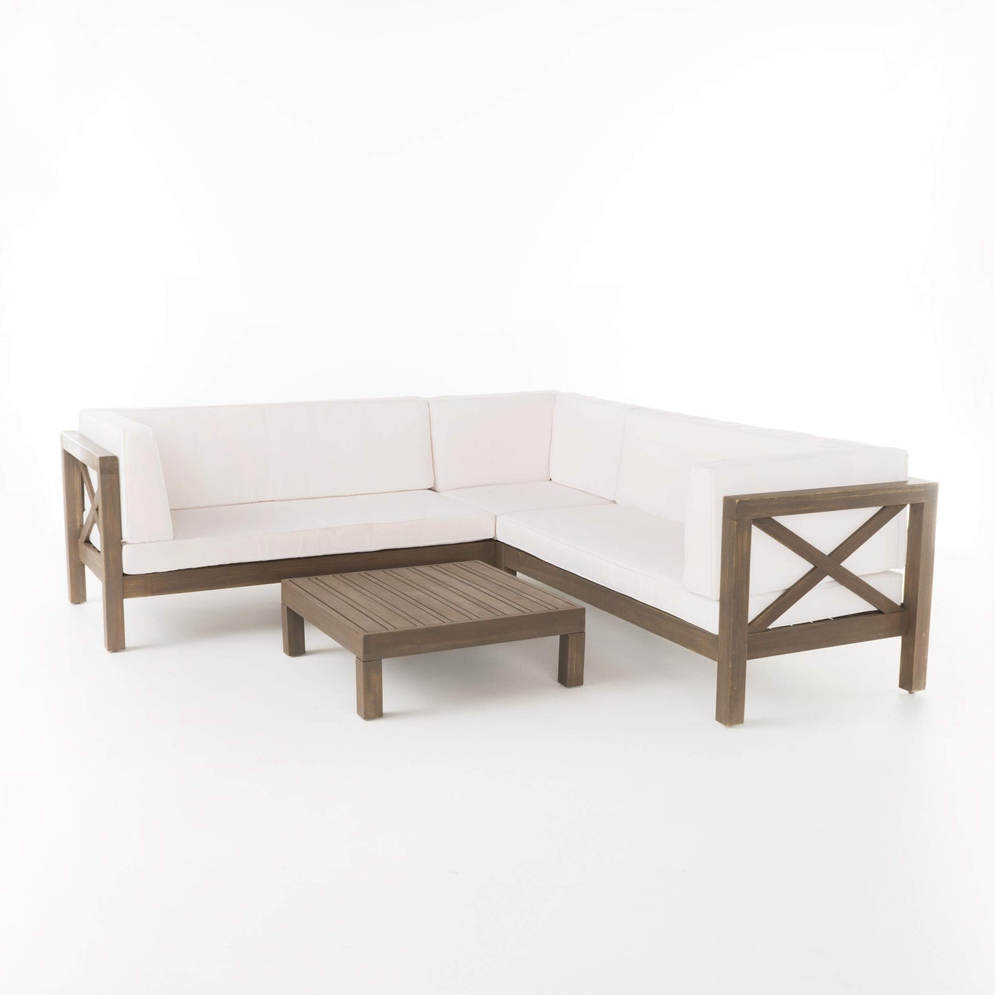 Christopher Knight Home Brava Outdoor Acacia Wood 5-Seater Sectional Sofa Set with Coffee Table and Water Resistant Cushions, 6-pcs Set, Gray Finish / White