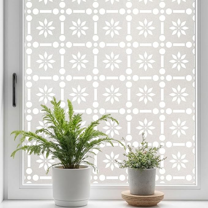 Window Privacy Film, Frosted Glass Decorative Static Cling, Removable Sun Blocking Vinyl Covering,Window Film for Home Kitchen Living Room Bathroom, ‌Floral Grid‌, 17.3" x 78.7"