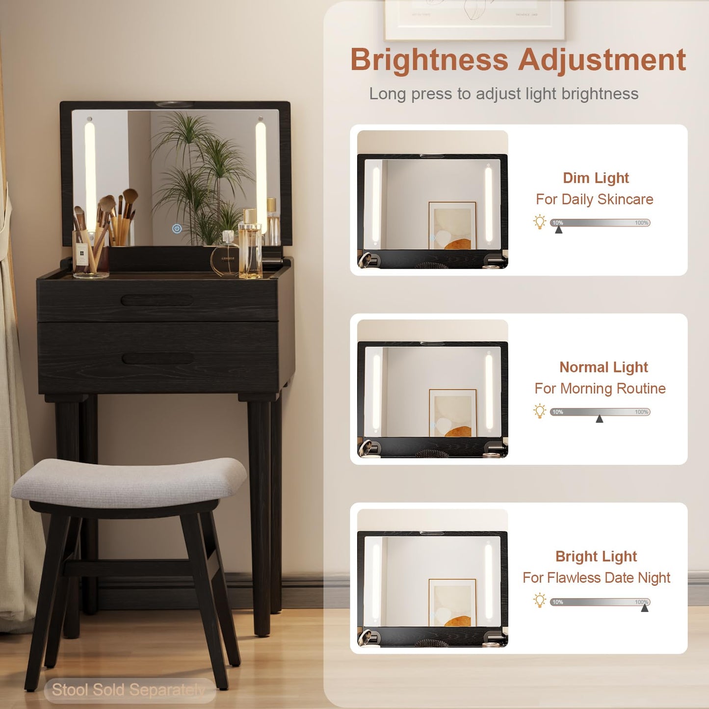 Muwuele Solid Wood Small Vanity Desk with Flip Top Mirror, Brightness Adjustable Lights, Compact Vanity with Glass Top and Drawers, Slim Dressing Table for Small Space, Bedroom, Living Room, Black