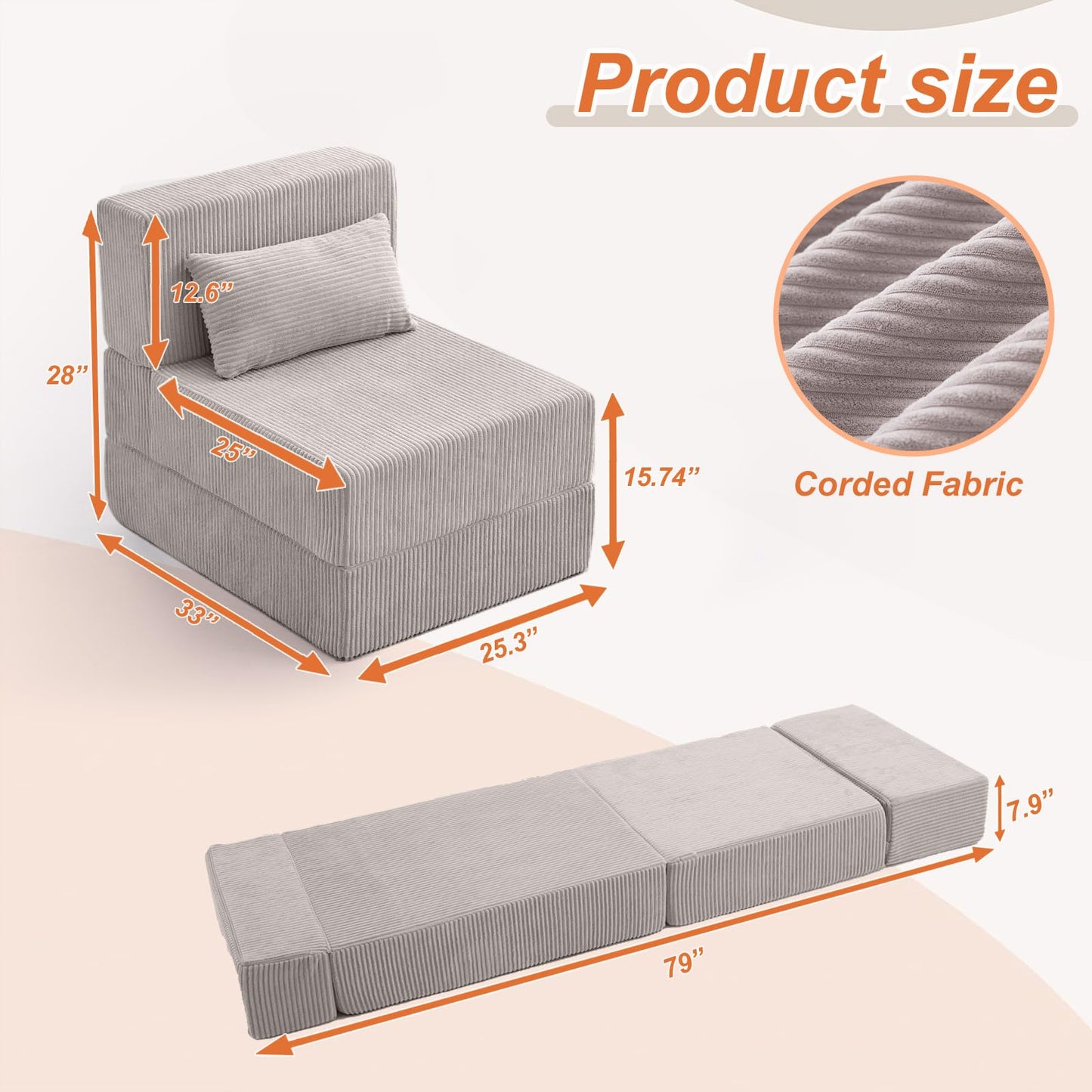 Estevo Folding Sofa Bed,Convertible Fold Out Couch,Portable Foldable Floor Mattress Sleeper Chair with Pillow,Adjustable Backrest Support,Lazy Sofa for Living Room,Single,Light Grey
