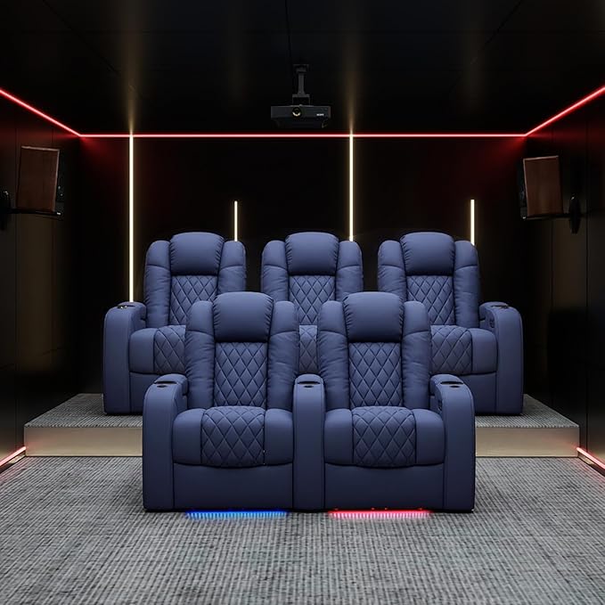 Weilianda Home Theater Seating Top Grain Leather Zero Gravity Recliner Chair Power Headrest Recline Movie Seat Gaming 7 Colors Mood Light Sofa with Tray Table USB Charge Row of 2 Loveseat Blue