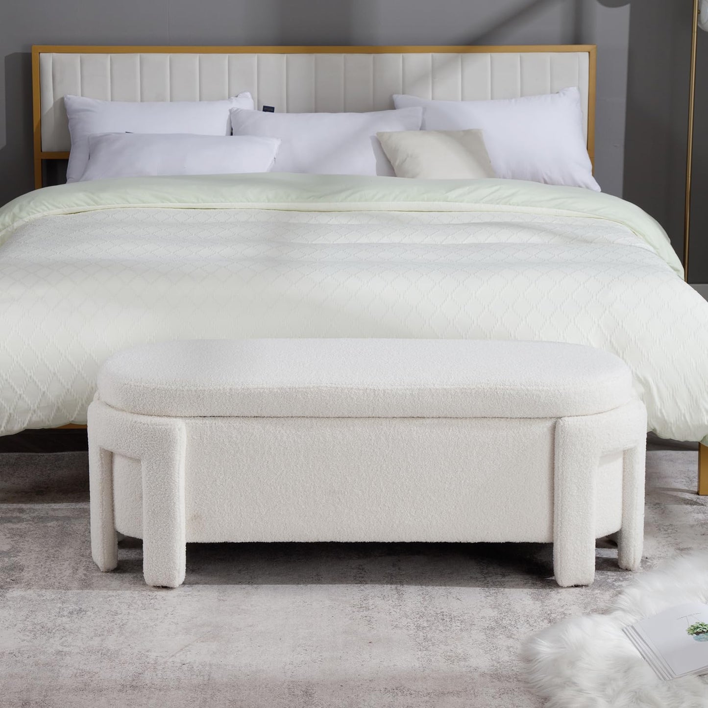 Janoray Modern Upholstered Storage Bench, Boucle Sherpa Fabric 50" Long Entryway Bench with Storage and Seating, Comfy Cute Ottoman Bench for Living Room/End of Bed/Hallway, White