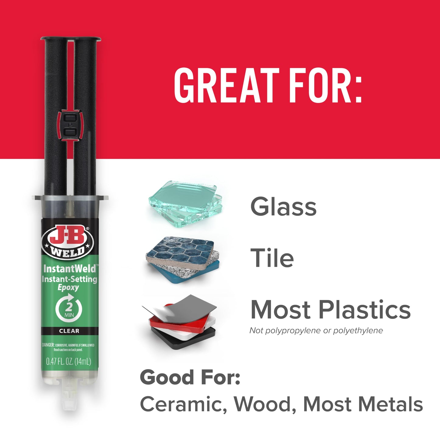 J-B Weld InstantWeld 2 Pack - Clear, 2 Minute Set Epoxy Adhesive, Static Mixer No Mess Application - 14ml