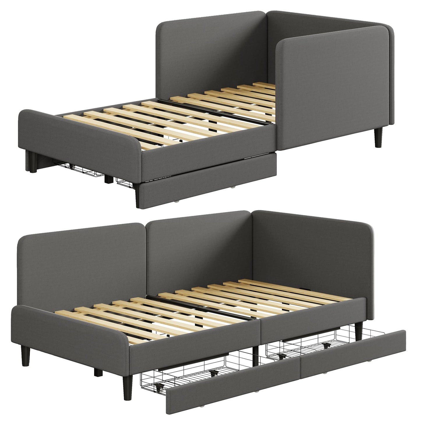 LIKIMIO Twin Daybed with Headboard, Corner Bed Frame with Bed Rails and Storage Drawers, Solid Support, for Bedroom Guest Room, Dark Gray