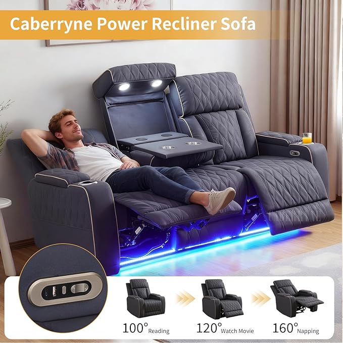 Caberryne Power Recliner Sofa Set with LED Lights,Suede Leather Reclining Couch with Coffee Table/Storage Console/Cup Holder,Reclining Living Room Set with 5 Recliner Seats for House(3 Piece Set,Navy)