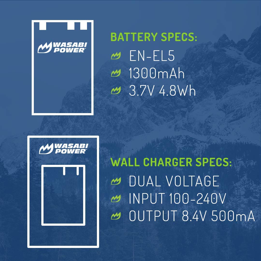Wasabi Power Battery (2-Pack) And Charger For Nikon En-El5 And Nikon Coolpix 3700, 4200, 5200, 5900, 7900, P3, P4, P80, P90, P10