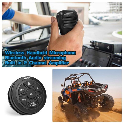 Velex Bluetooth Audio Receiver, Waterproof Marine Amplifier 2 Channel with Rechargeable Handheld Microphone Wireless Range 30 Feets
